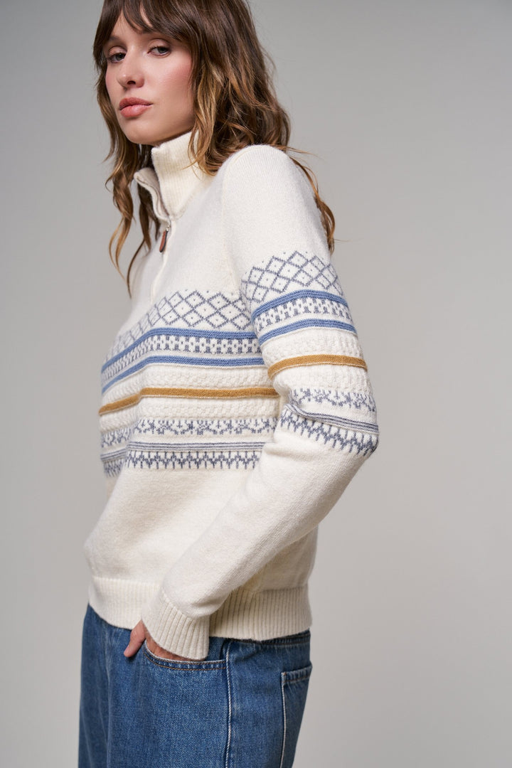 Fair Isle Quarter Zip Sweater Wool Blend with Leather Pull T in IVORY - Women's Wholesale Cardigans & Shrugs | Trend Notes