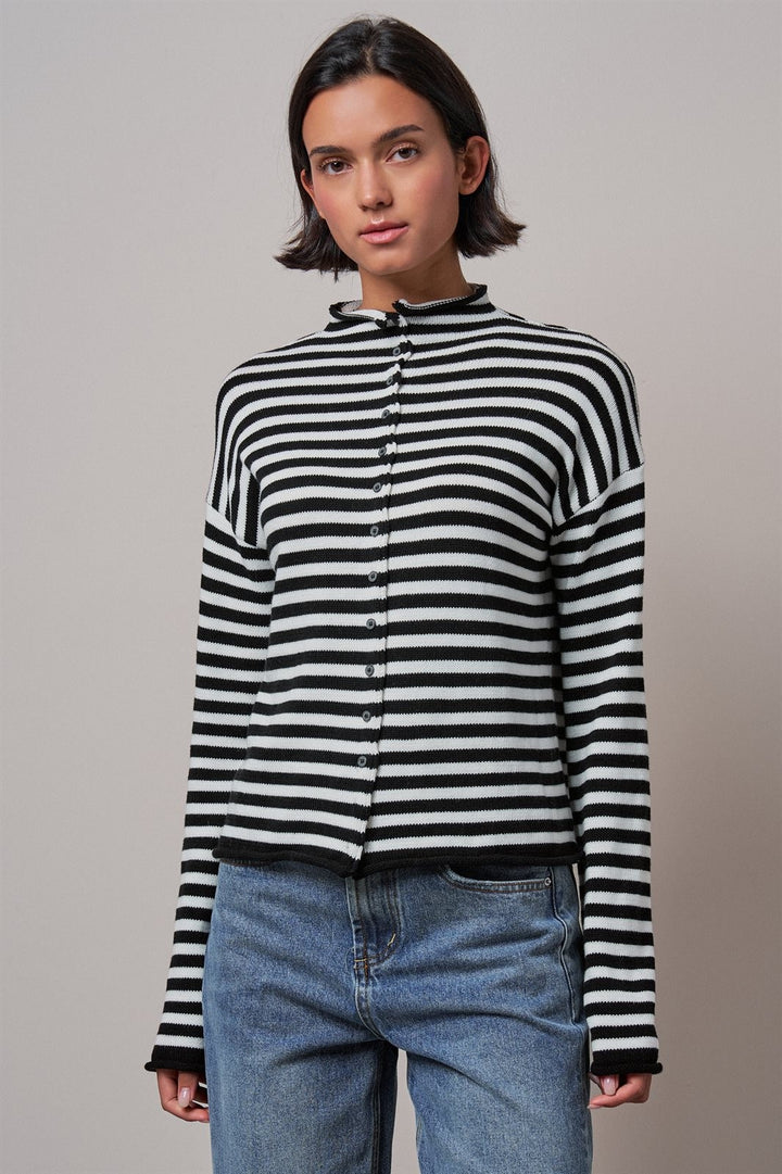 Striped Polo Collar Button Sweater with Rolled Edges in IVORY BLACK - Women's Wholesale Cardigans & Shrugs | Trend Notes