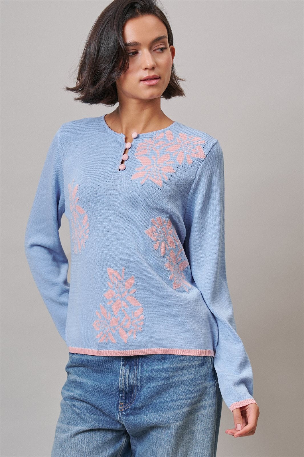 Floral Embroidered Button Front Knit Cardigan in BLUE - Women's Wholesale Sweaters | Trend Notes