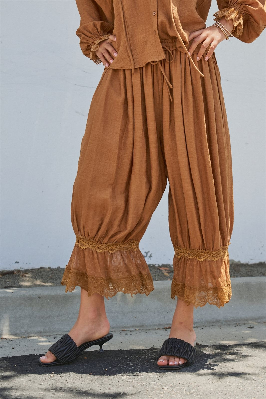 Boho Lace Trim Boomer Pants in BROWN - Women's Wholesale Casual Pants | Trend Notes