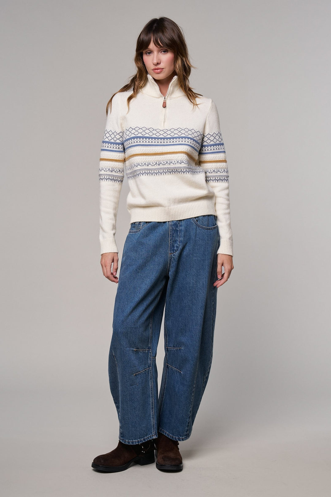Fair Isle Quarter Zip Sweater Wool Blend with Leather Pull T in IVORY - Women's Wholesale Cardigans & Shrugs | Trend Notes
