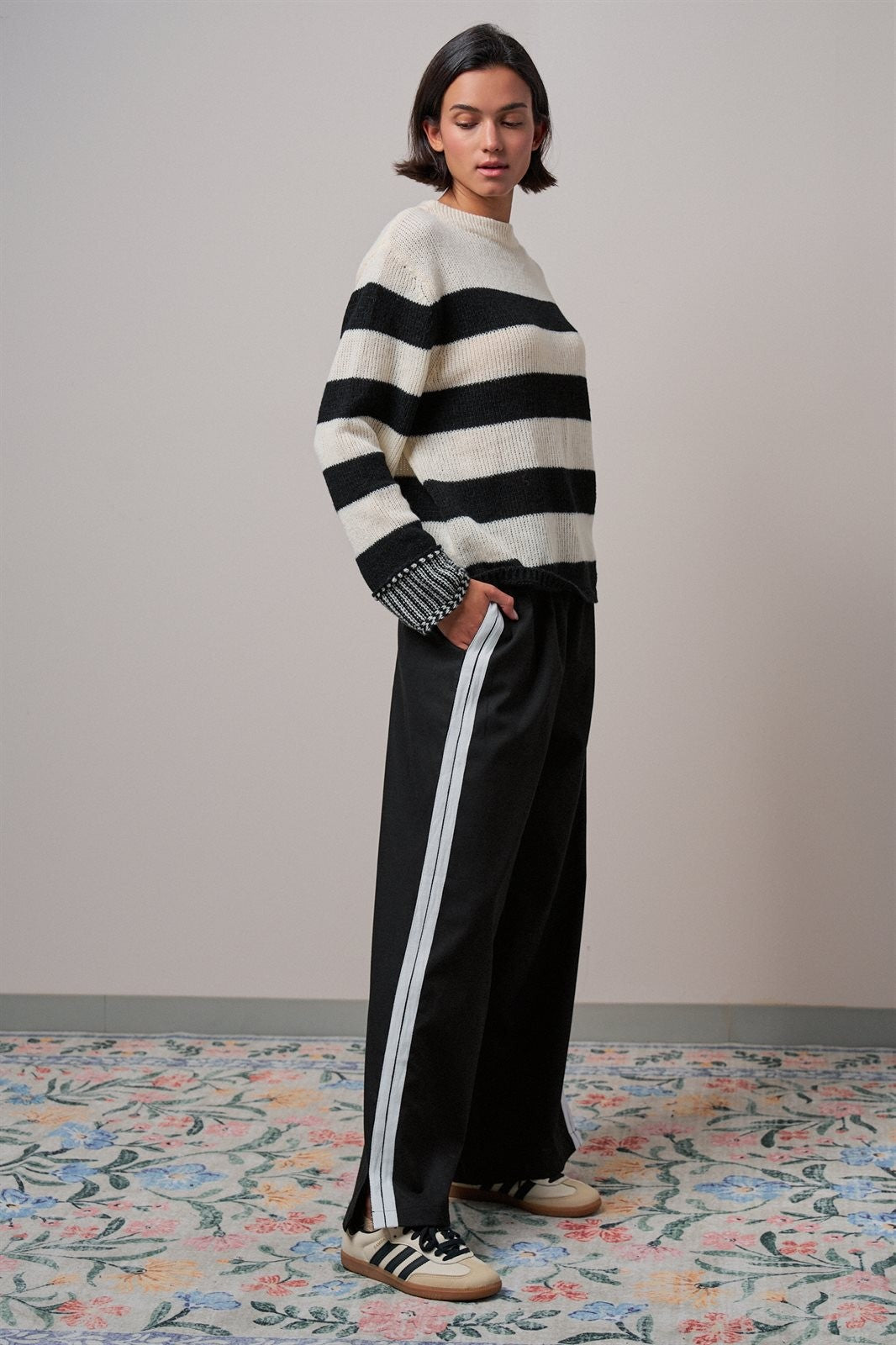 Striped Oversized Chunky Knit Sweater in BLACK - Women's Wholesale Sweaters | Trend Notes