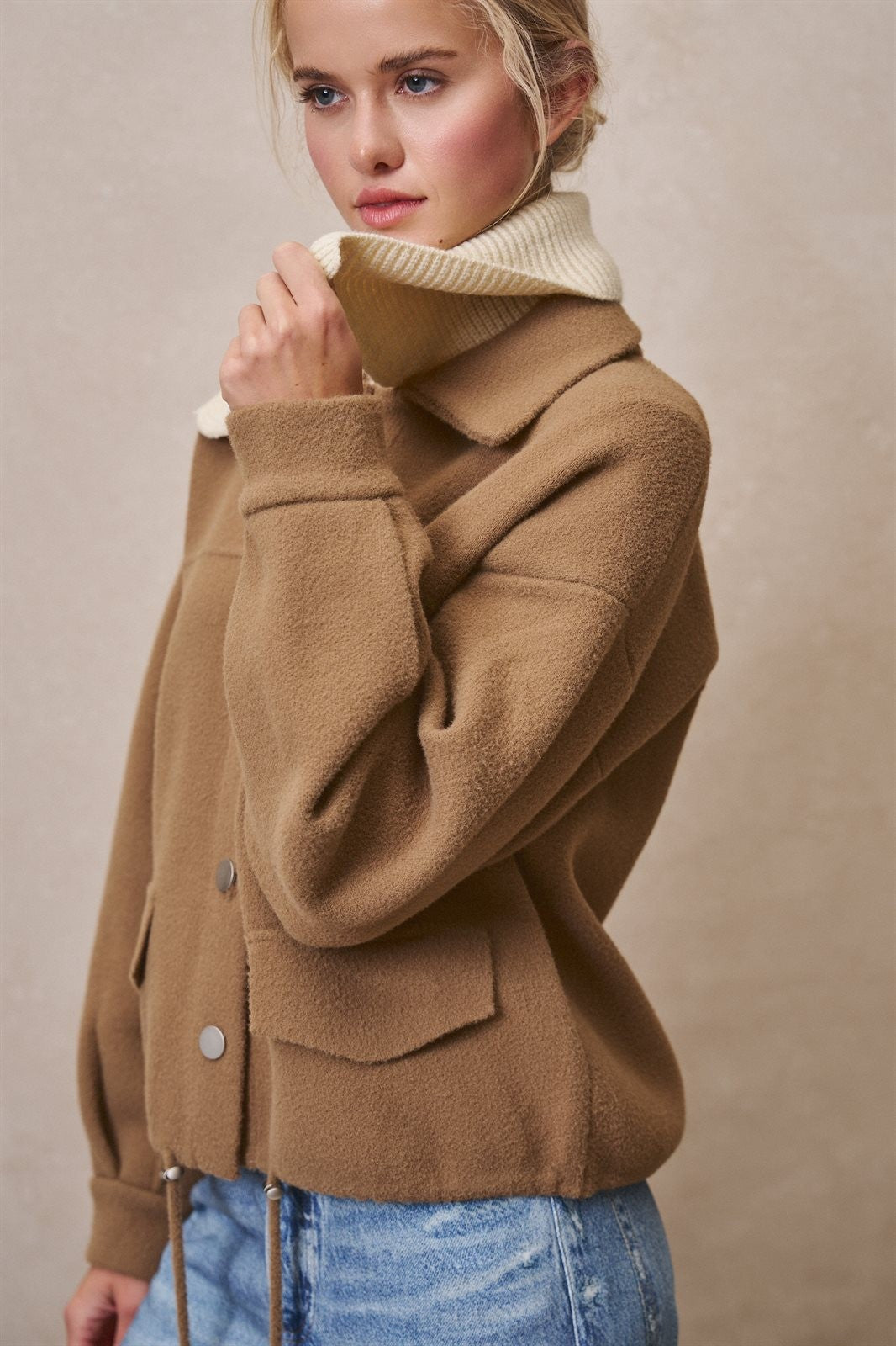 Sweater Knit Button Front Jacket with Detachable Collar in OLIVE - Women's Wholesale Jackets & Blazers | Trend Notes