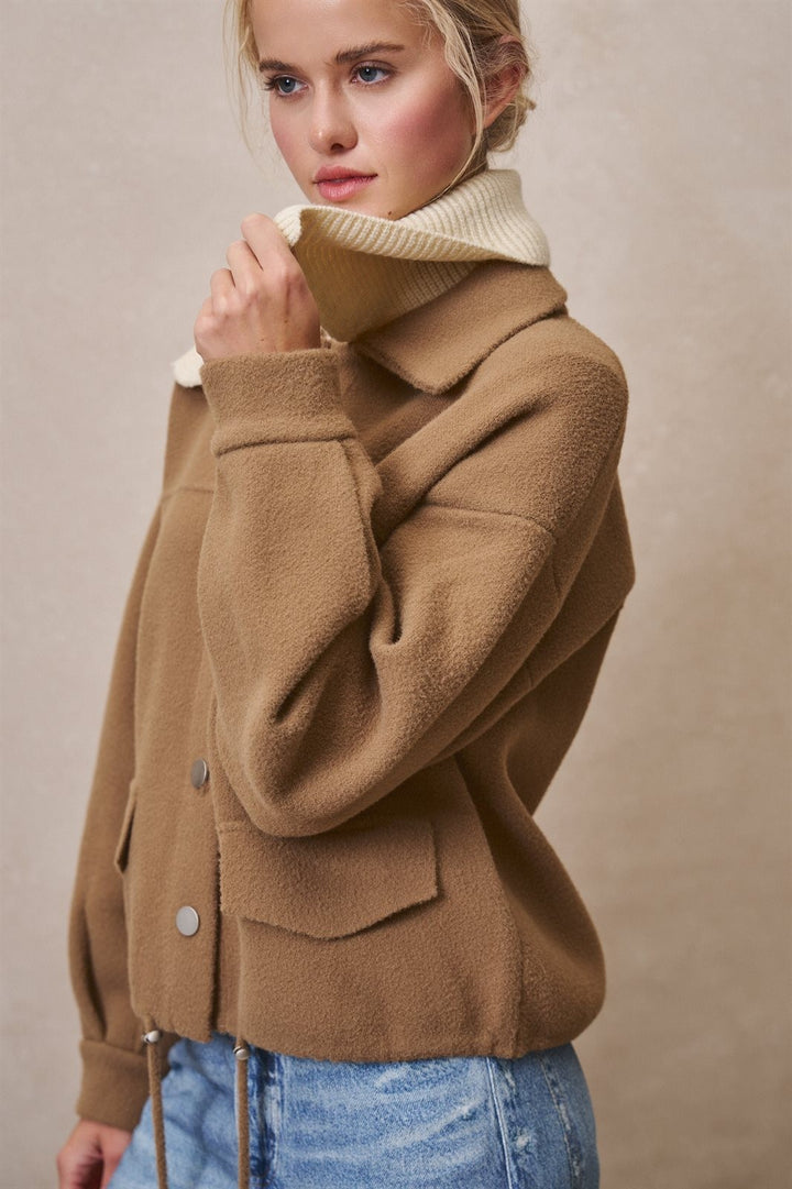Sweater Knit Button Front Jacket with Detachable Collar in OLIVE - Women's Wholesale Jackets & Blazers | Trend Notes