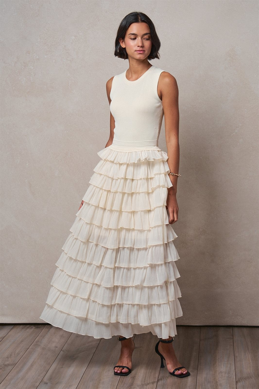 Tiered Ruffle Maxi Dress with Contrast Trim in IVORY - Women's Wholesale Cocktail Dresses | Trend Notes