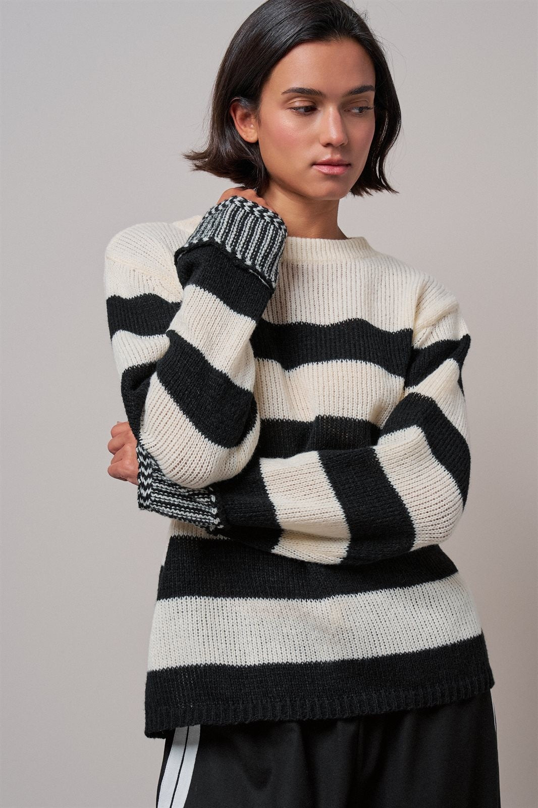 Striped Oversized Chunky Knit Sweater in BLACK - Women's Wholesale Sweaters | Trend Notes