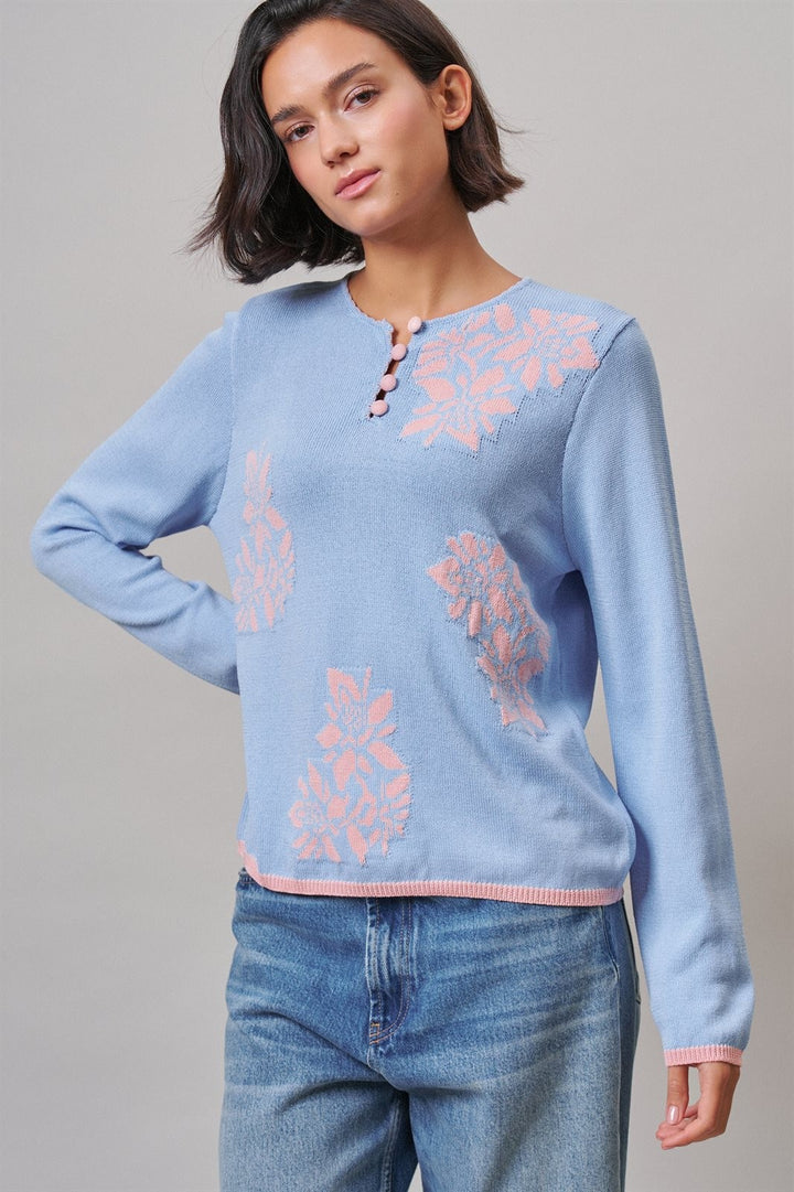 Floral Embroidered Button Front Knit Cardigan in BLUE - Women's Wholesale Sweaters | Trend Notes