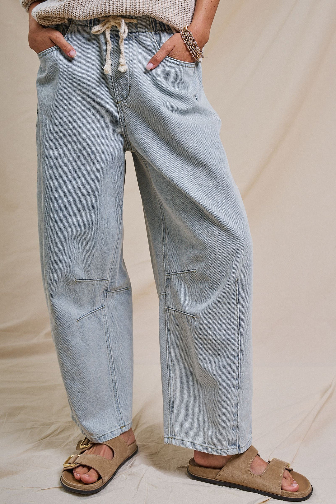 Laid-Back Light Wash Barrel Denim Pants in LT DENIM - Women's Wholesale Wide Leg Jeans | Trend Notes