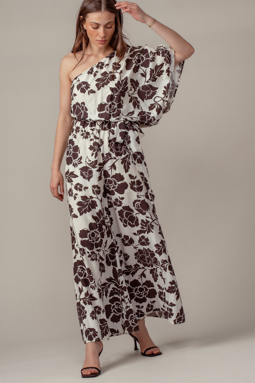 floral print one shoulder maxi jumpsuit - chocolate