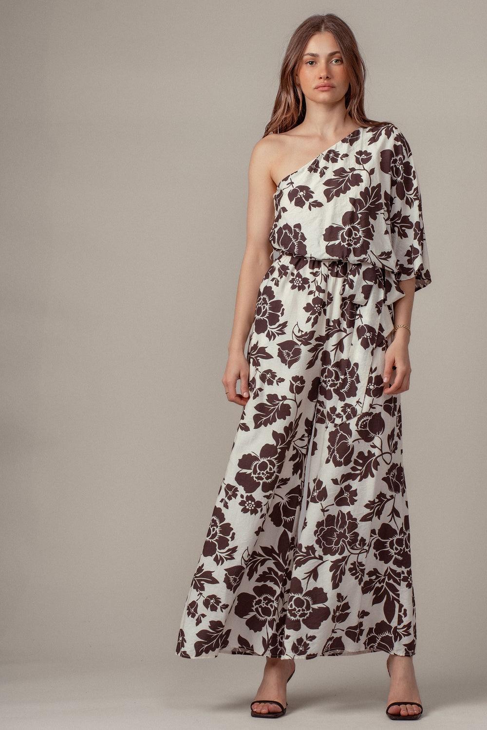 floral print one shoulder maxi jumpsuit - chocolate (additional view)