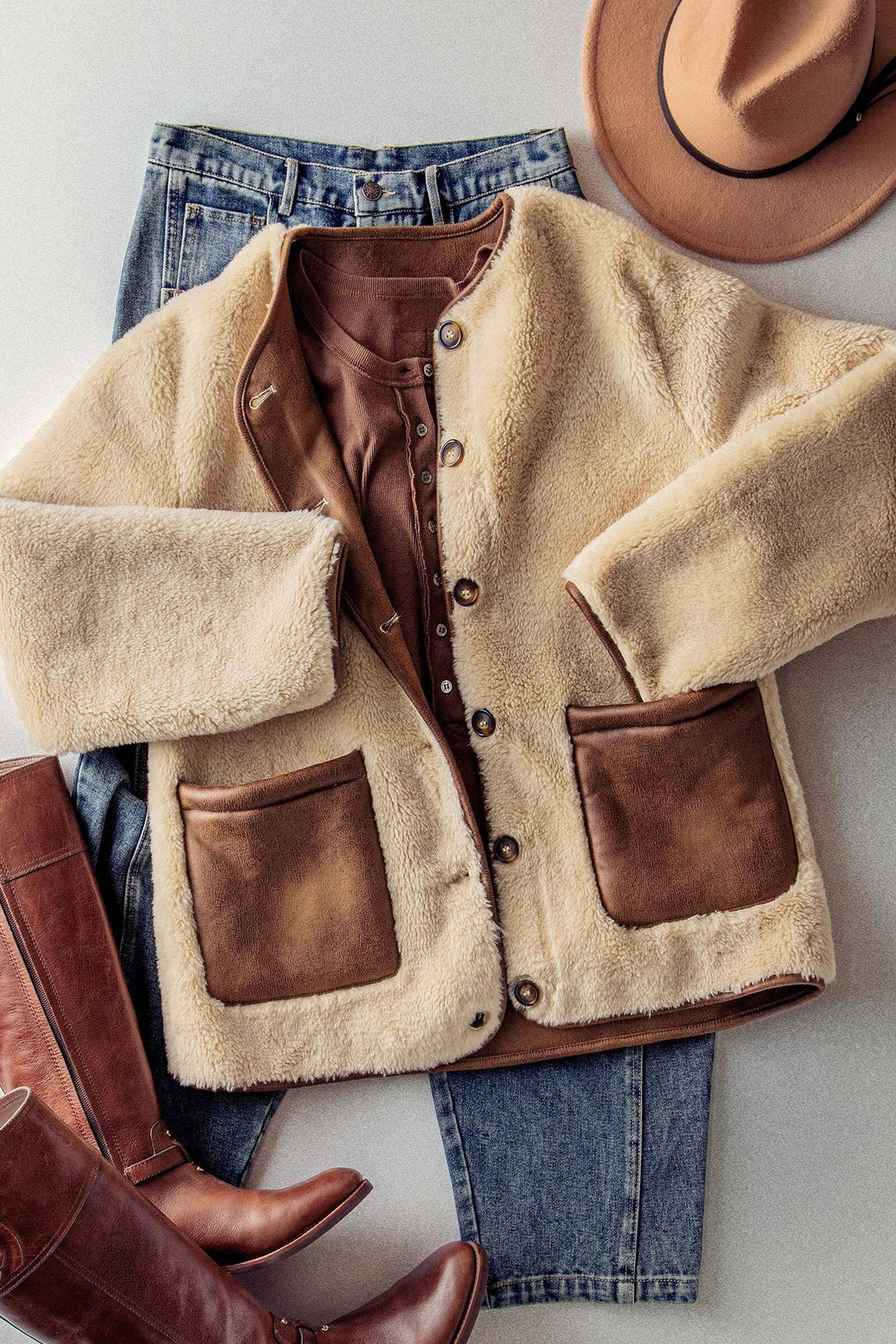 cozy boxy shearling jacket with suede pockets - beige