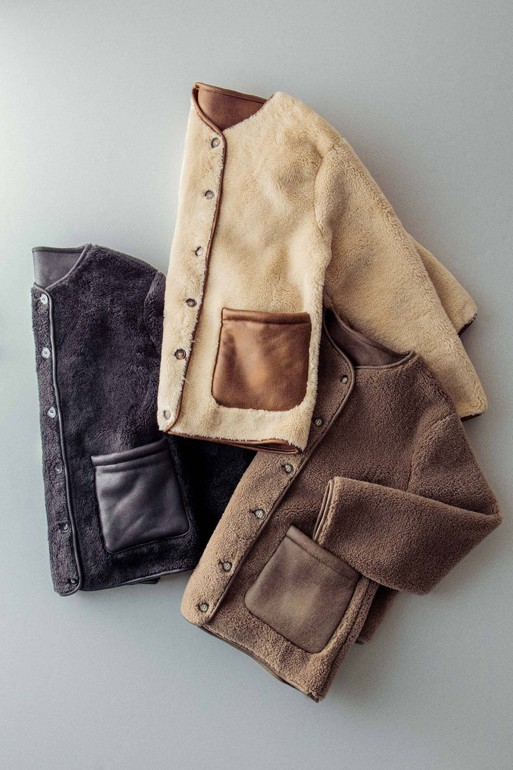 cozy boxy shearling jacket with suede pocket - default