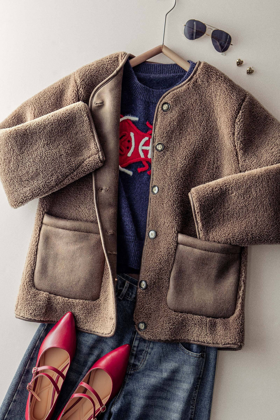 cozy boxy shearling jacket with suede pocket - brown