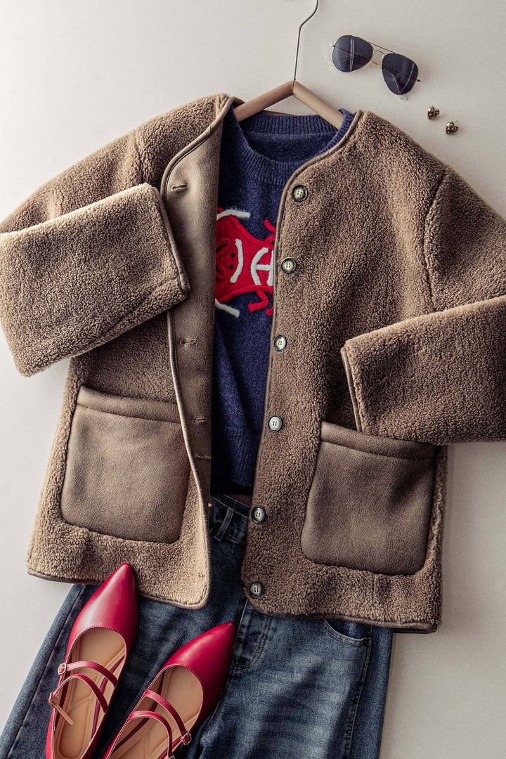 cozy boxy shearling jacket with suede pocket - brown