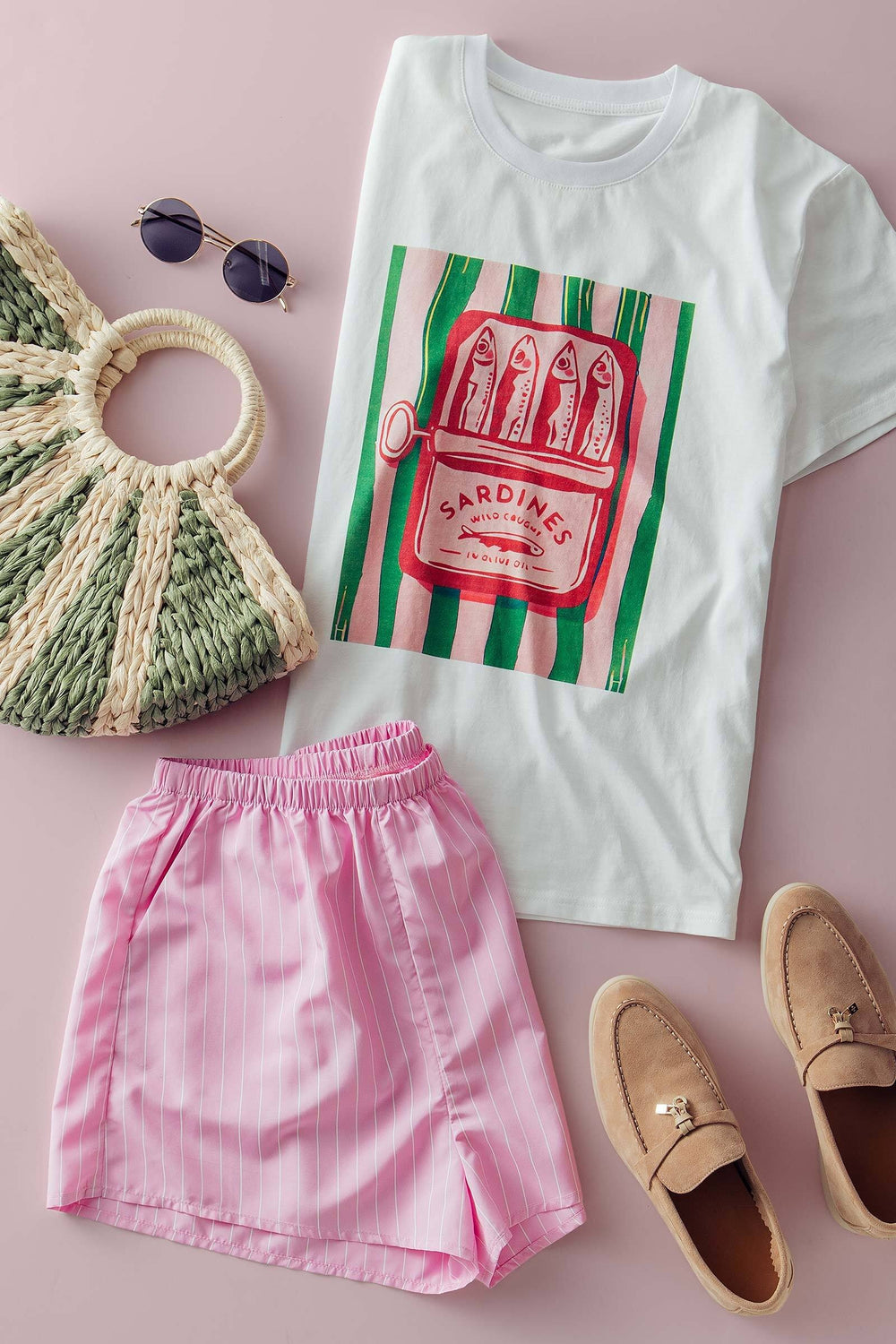 sardine graphic tee striped shorts set - white pink (additional view)
