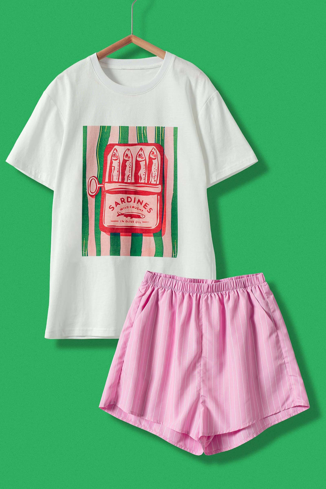 sardine graphic tee striped shorts set - white pink (additional view)