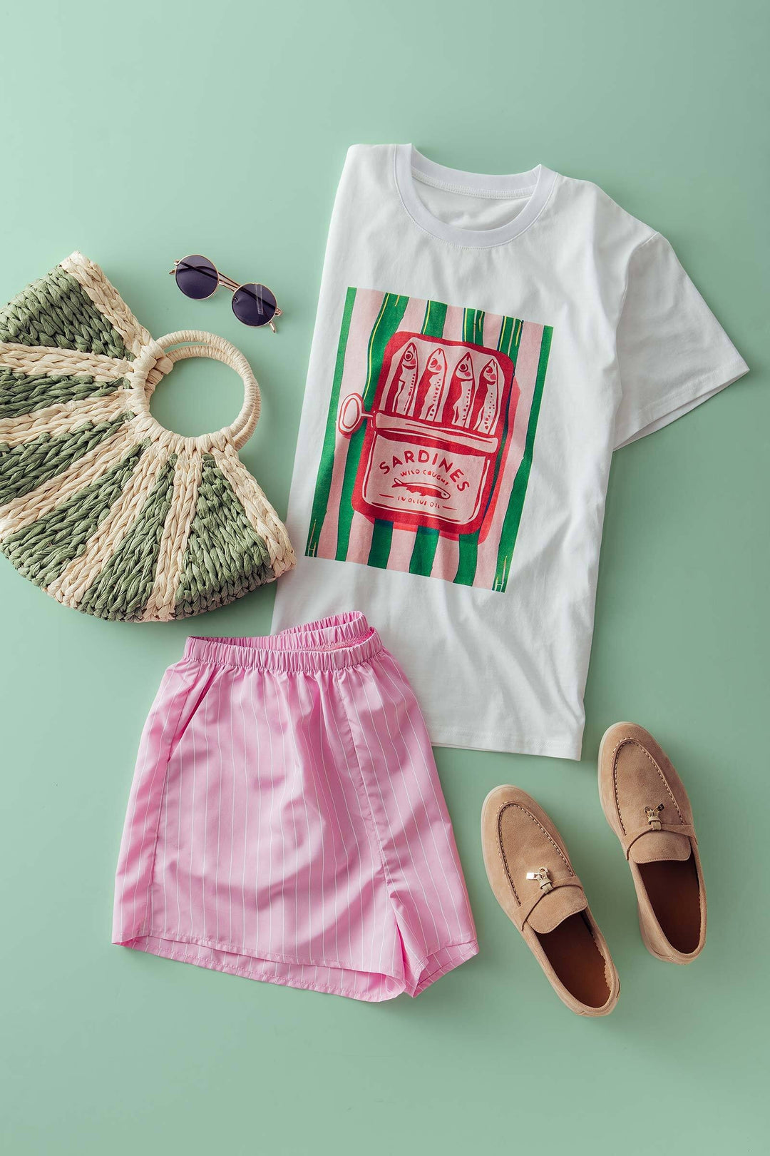 sardine graphic tee striped shorts set - white pink (additional view)