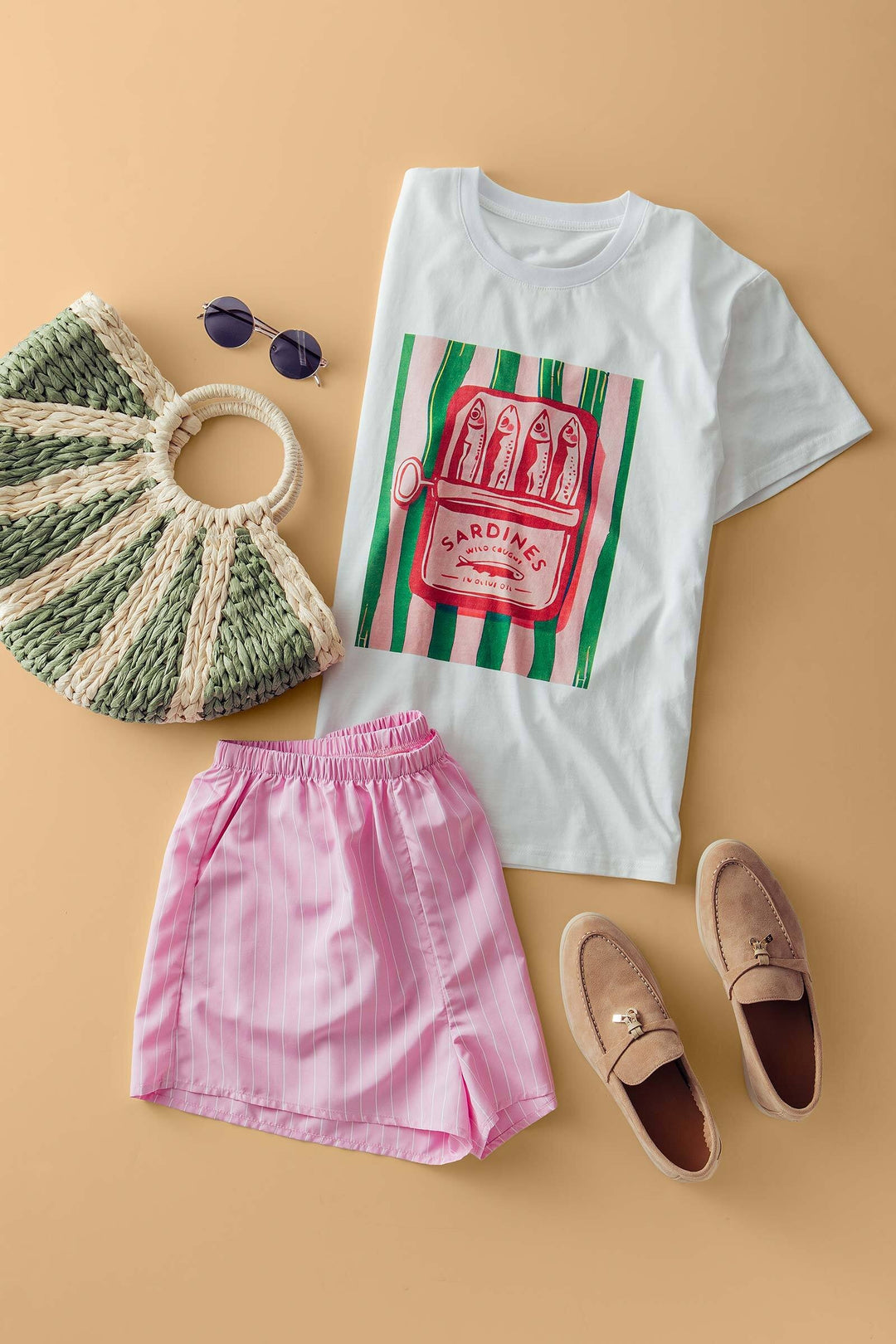 sardine graphic tee striped shorts set - white pink (additional view)