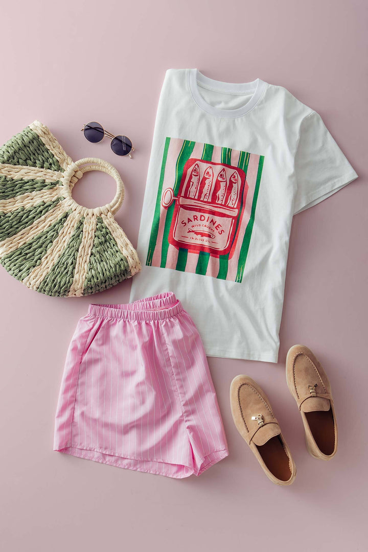 sardine graphic tee striped shorts set - white pink (additional view)
