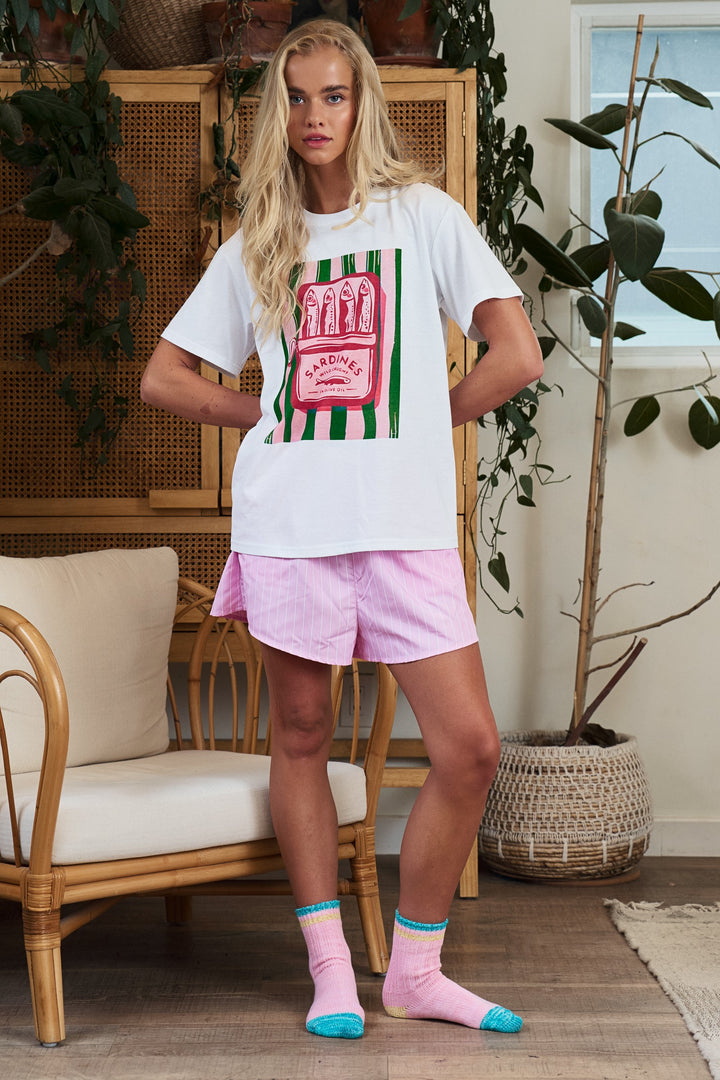 sardine graphic tee striped shorts set - white pink (additional view)