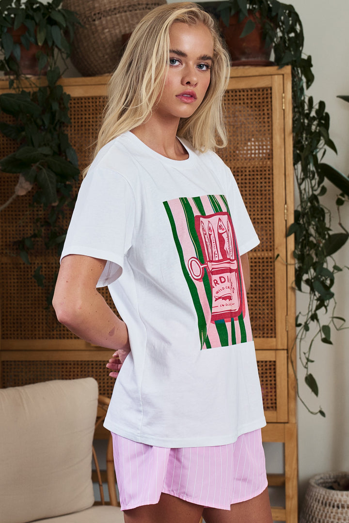 sardine graphic tee striped shorts set - white pink (additional view)