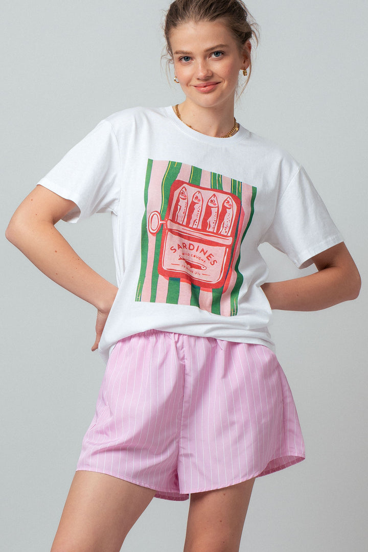 sardine graphic tee striped shorts set - white pink (additional view)