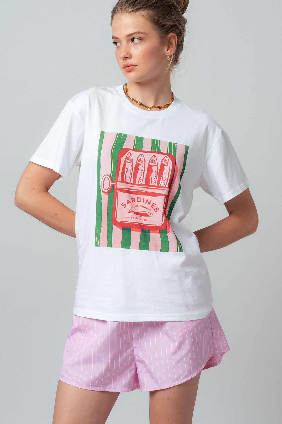 sardine graphic tee striped shorts set - white pink (additional view)