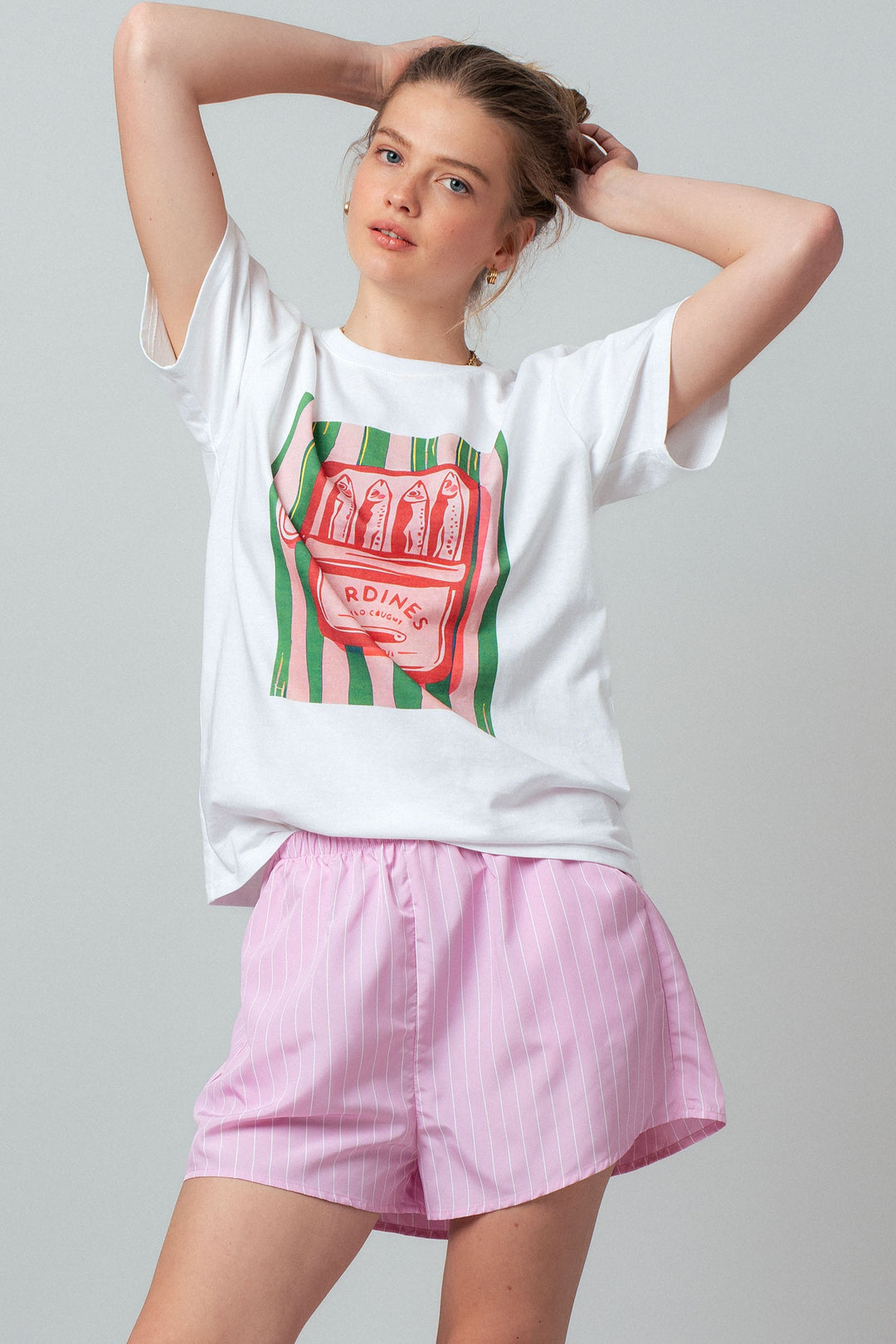 sardine graphic tee striped shorts set - white pink (additional view)