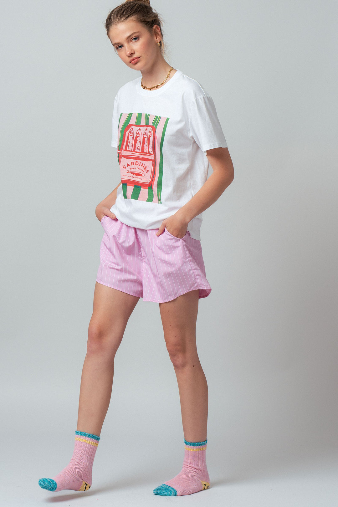 sardine graphic tee striped shorts set - white pink (additional view)
