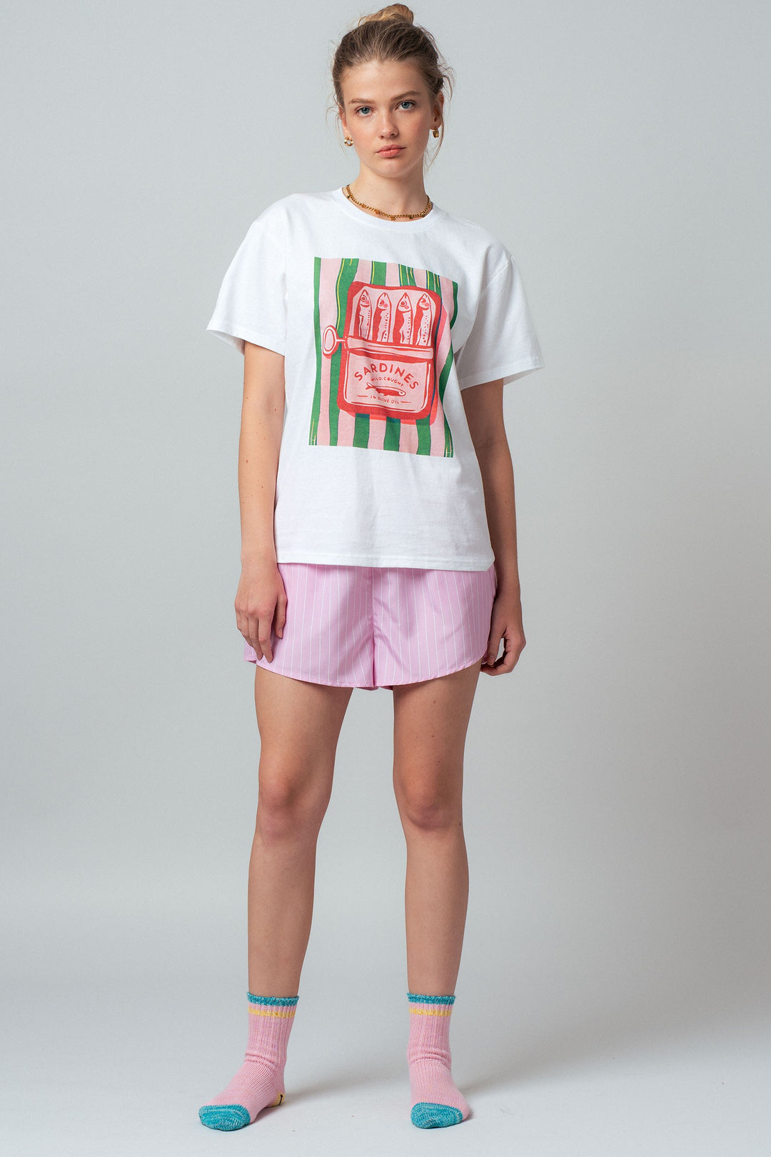 sardine graphic tee striped shorts set - white pink (additional view)