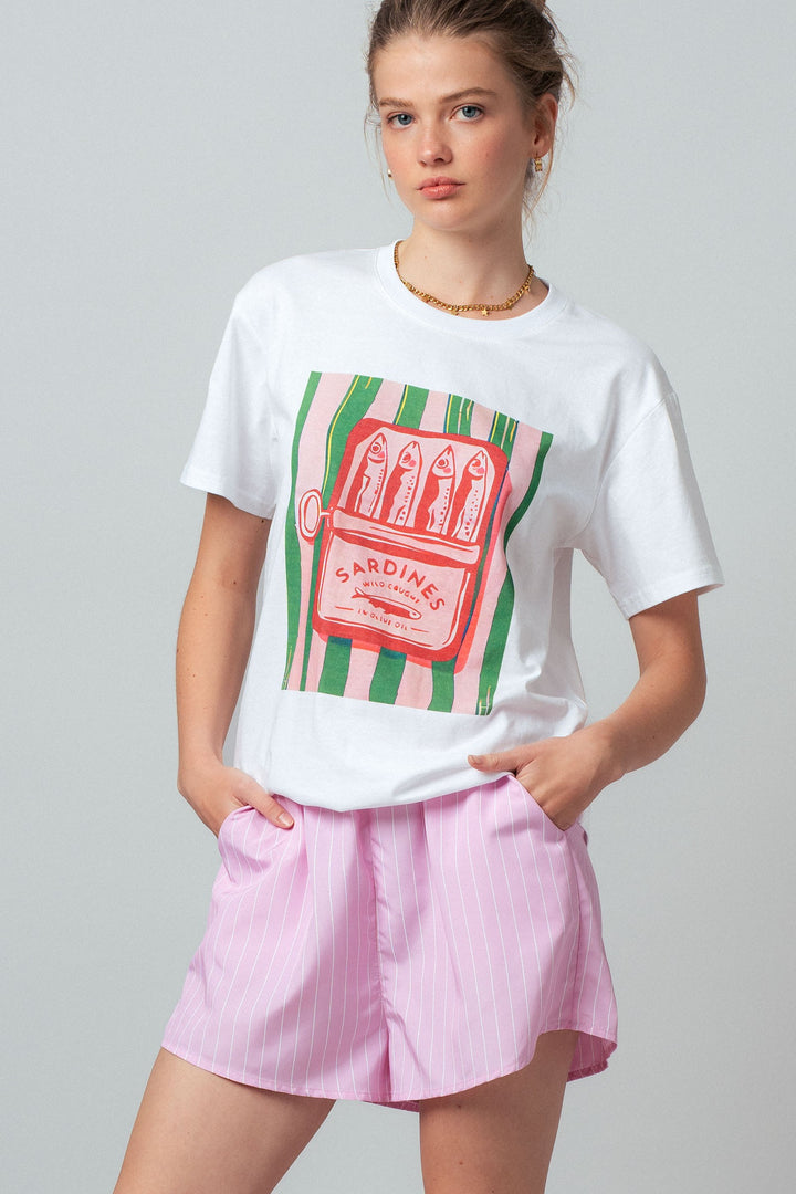 sardine graphic tee striped shorts set - white pink (additional view)