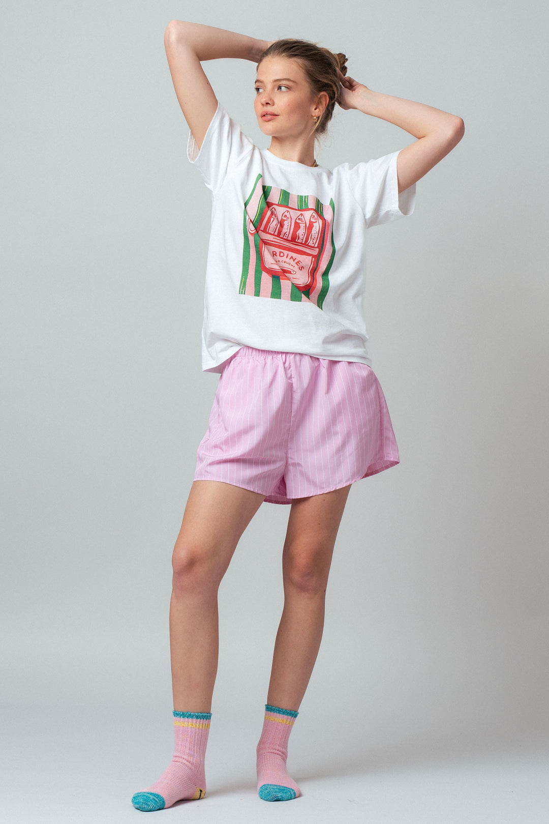 sardine graphic tee striped shorts set - white pink (additional view)