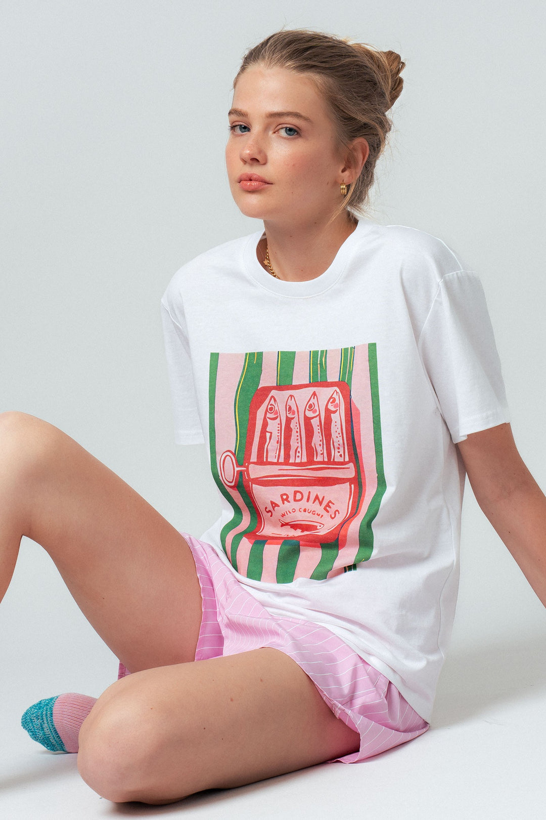 sardine graphic tee striped shorts set - white pink (additional view)