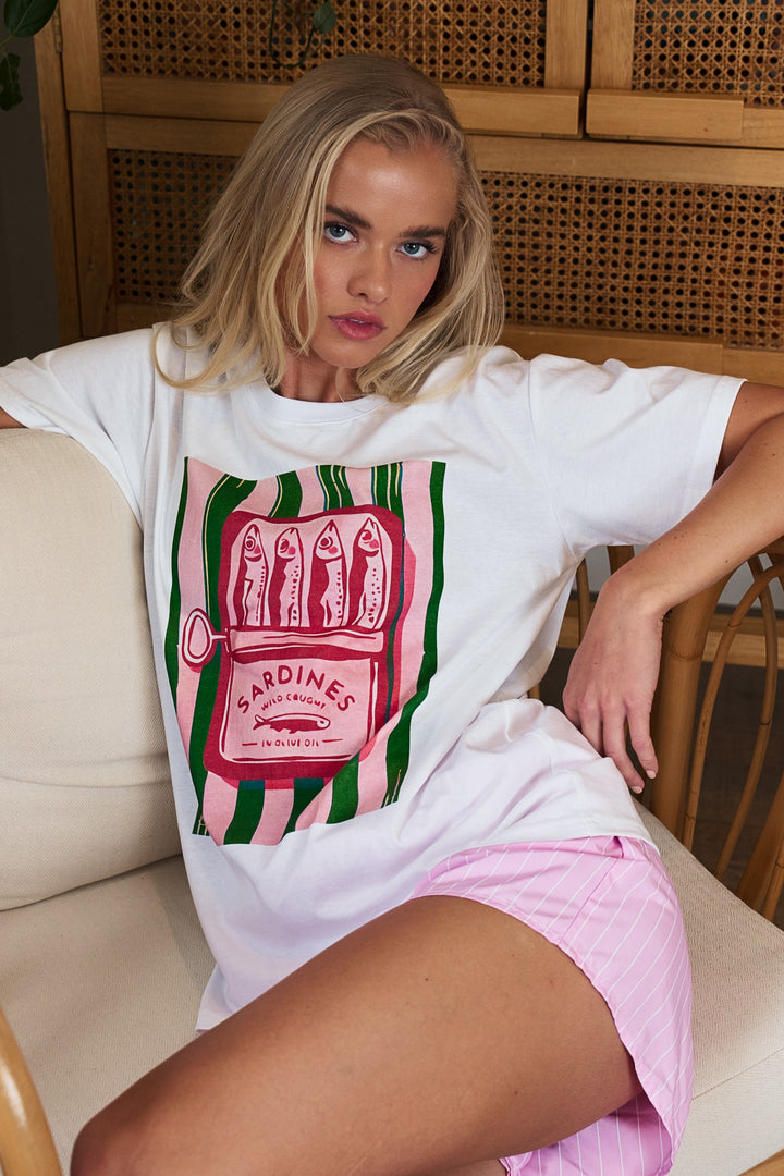 graphic tee striped shorts set - white pink (additional view)
