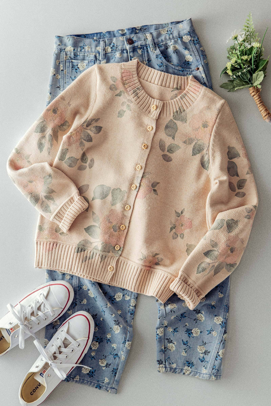 floral print knit cardigan - lt beige