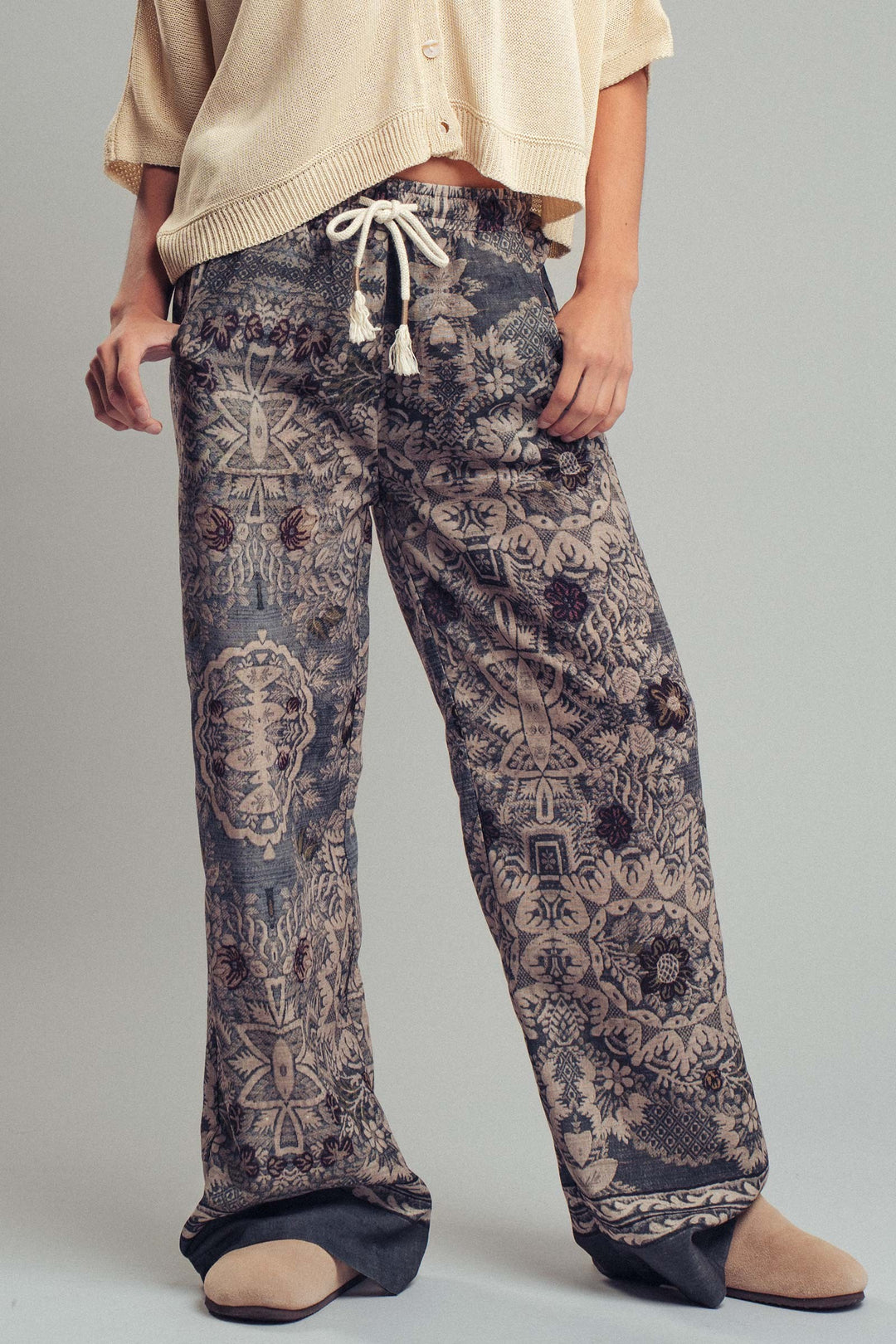 boho print wide leg drawstring lounge pants - multi