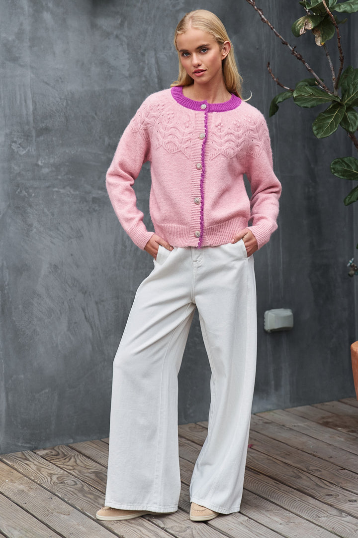 cable knit contrast cardigan - pink (additional view)