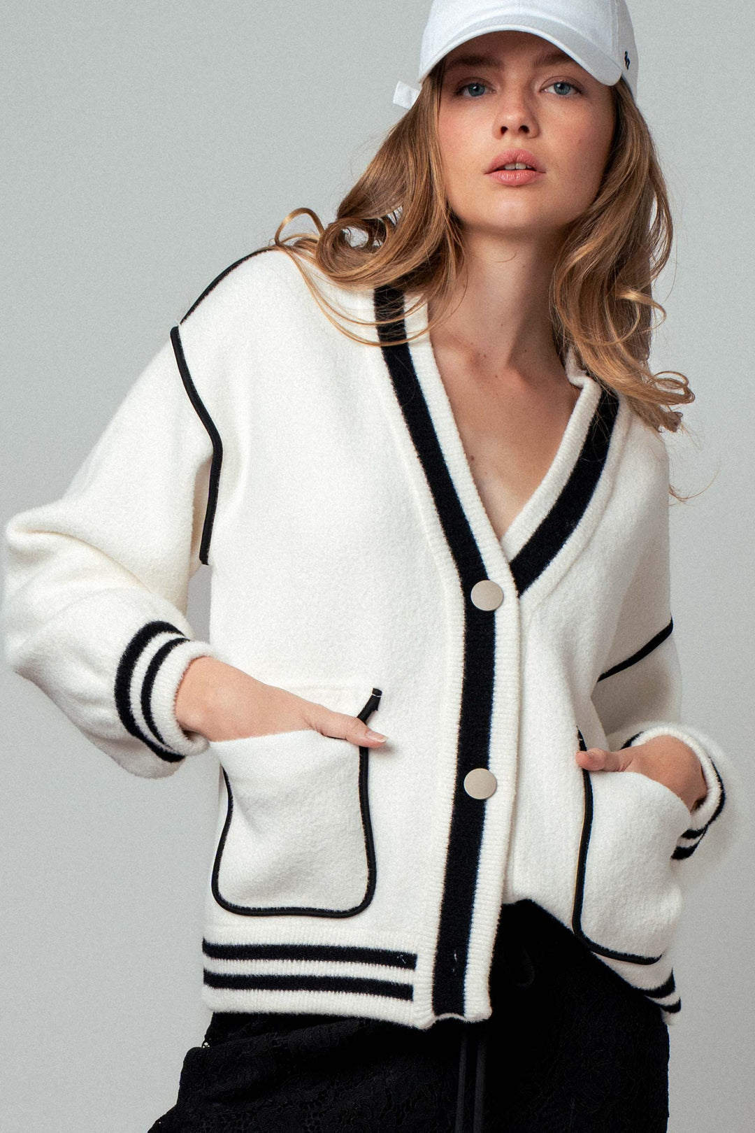 modern varsity style knit cardigan - ivory