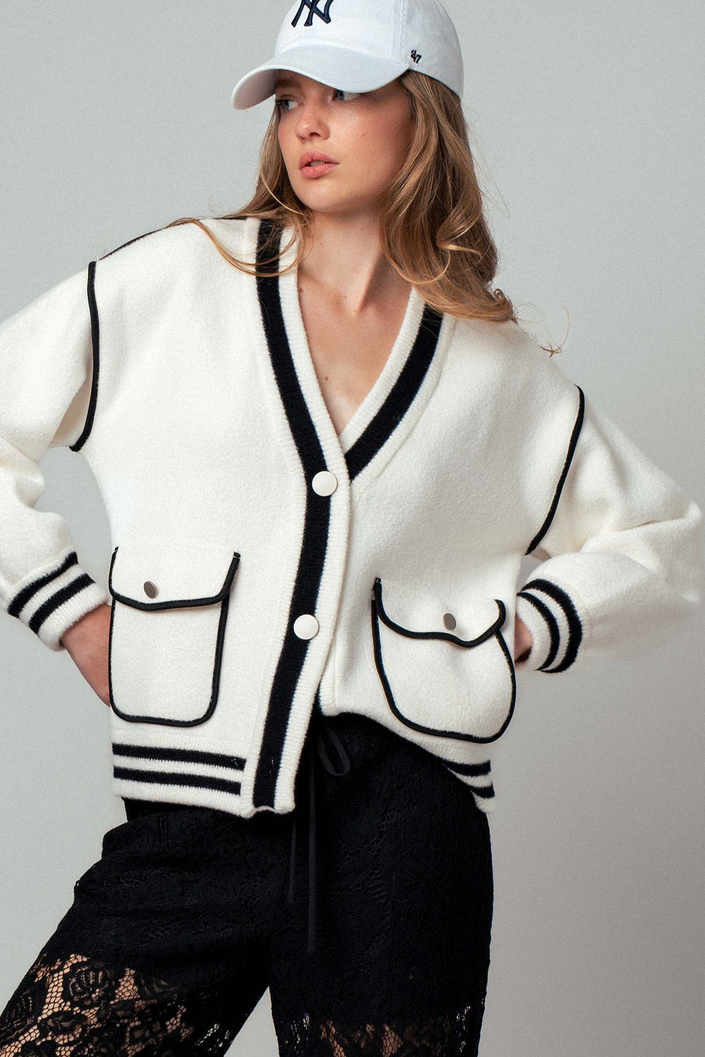 modern varsity style knit cardigan - ivory (additional view)