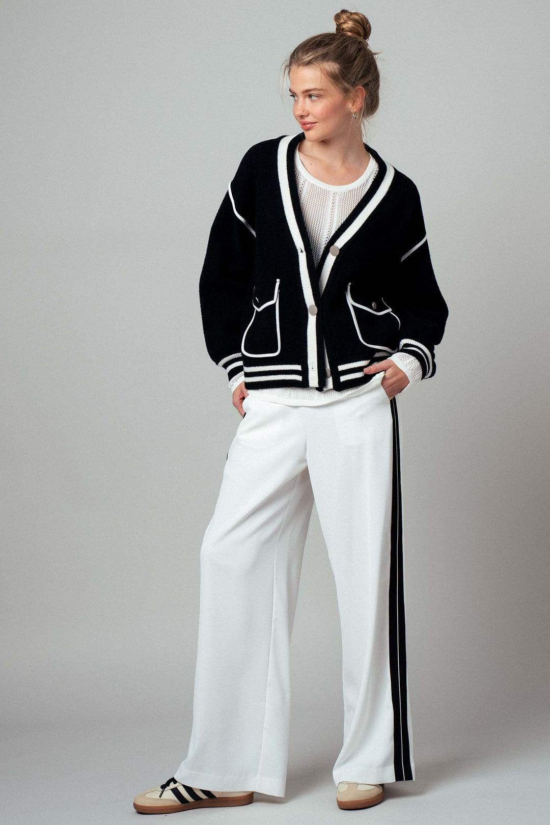 modern varsity style knit cardigan - black (additional view)