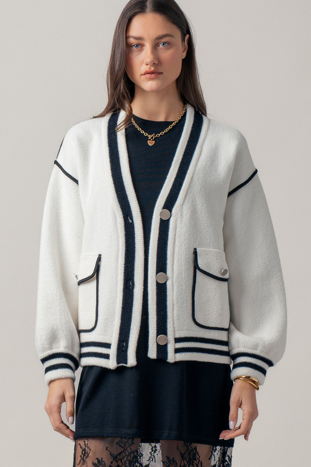modern varsity style knit cardigan - ivory