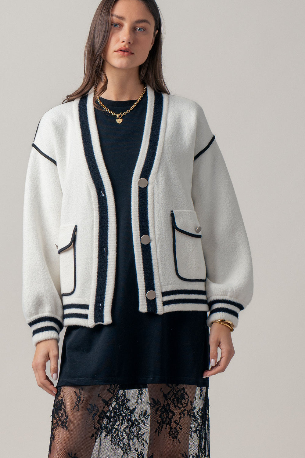modern varsity style knit cardigan - ivory (additional view)