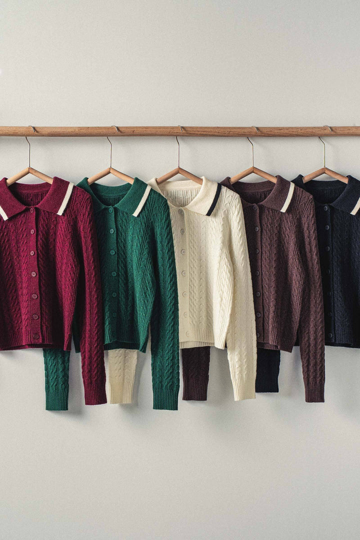 Cable Knit Button-Up Sweater Top with Collar