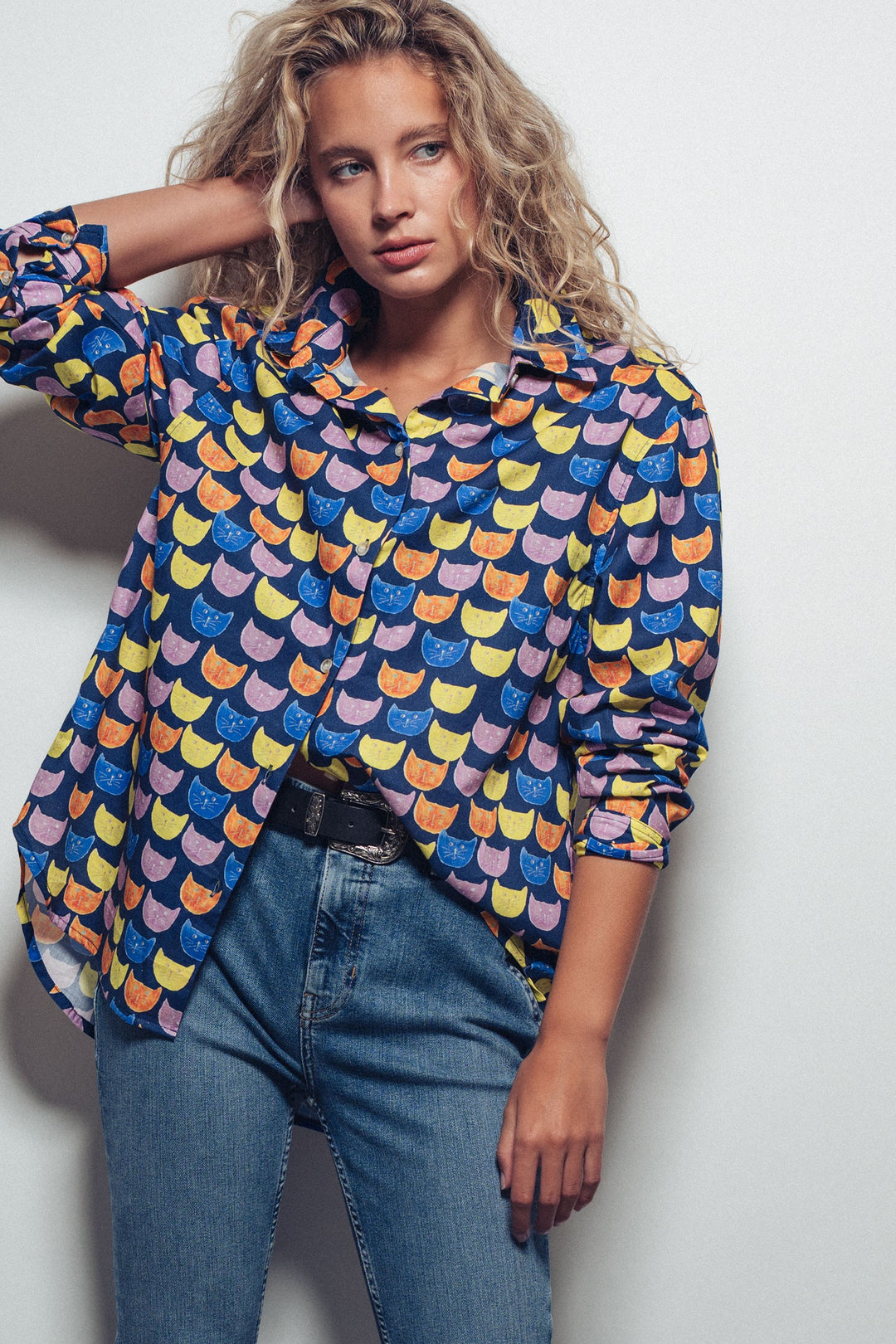 Playful Cat Faces Printed Button-Up Shirt