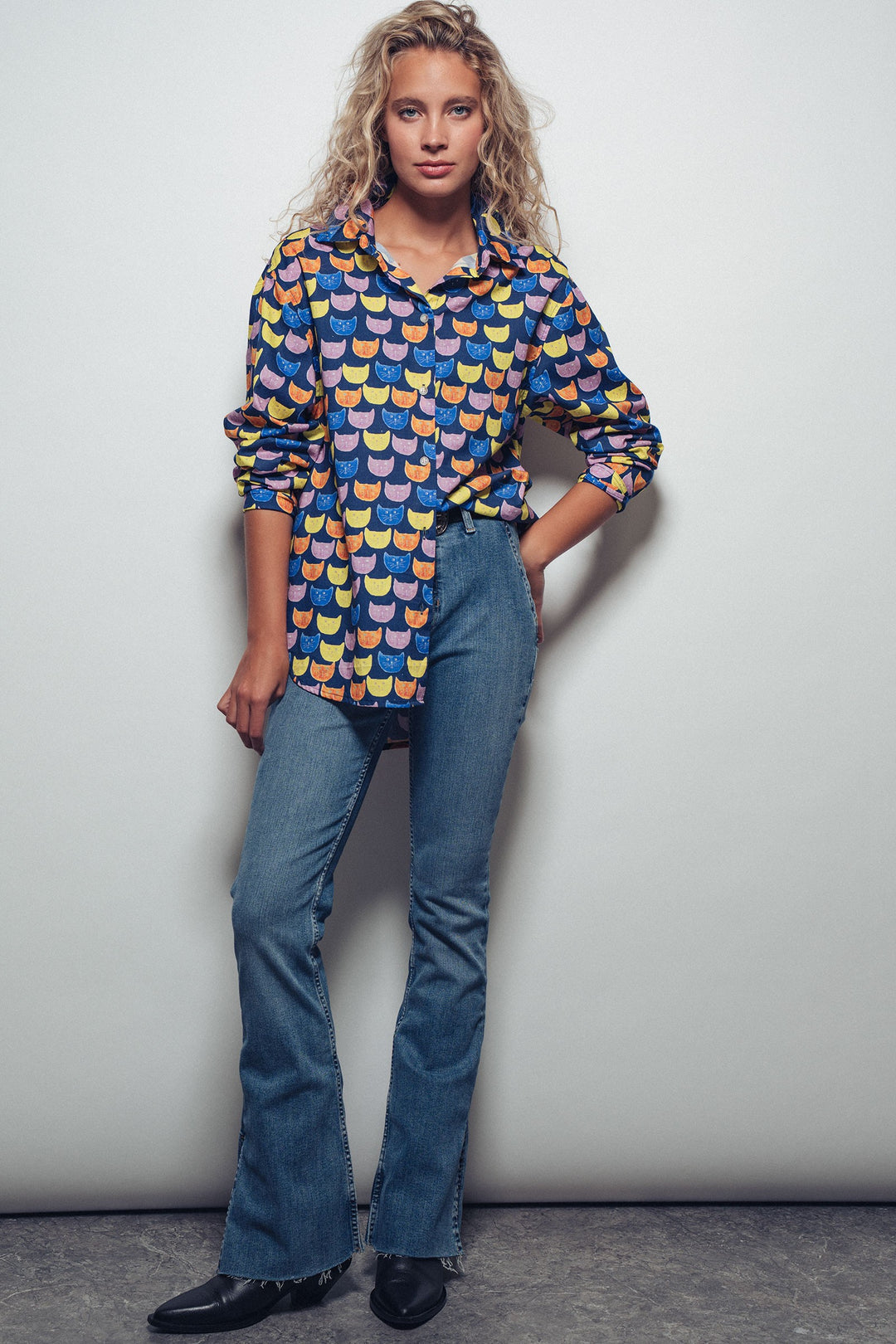 Playful Cat Faces Printed Button-Up Shirt