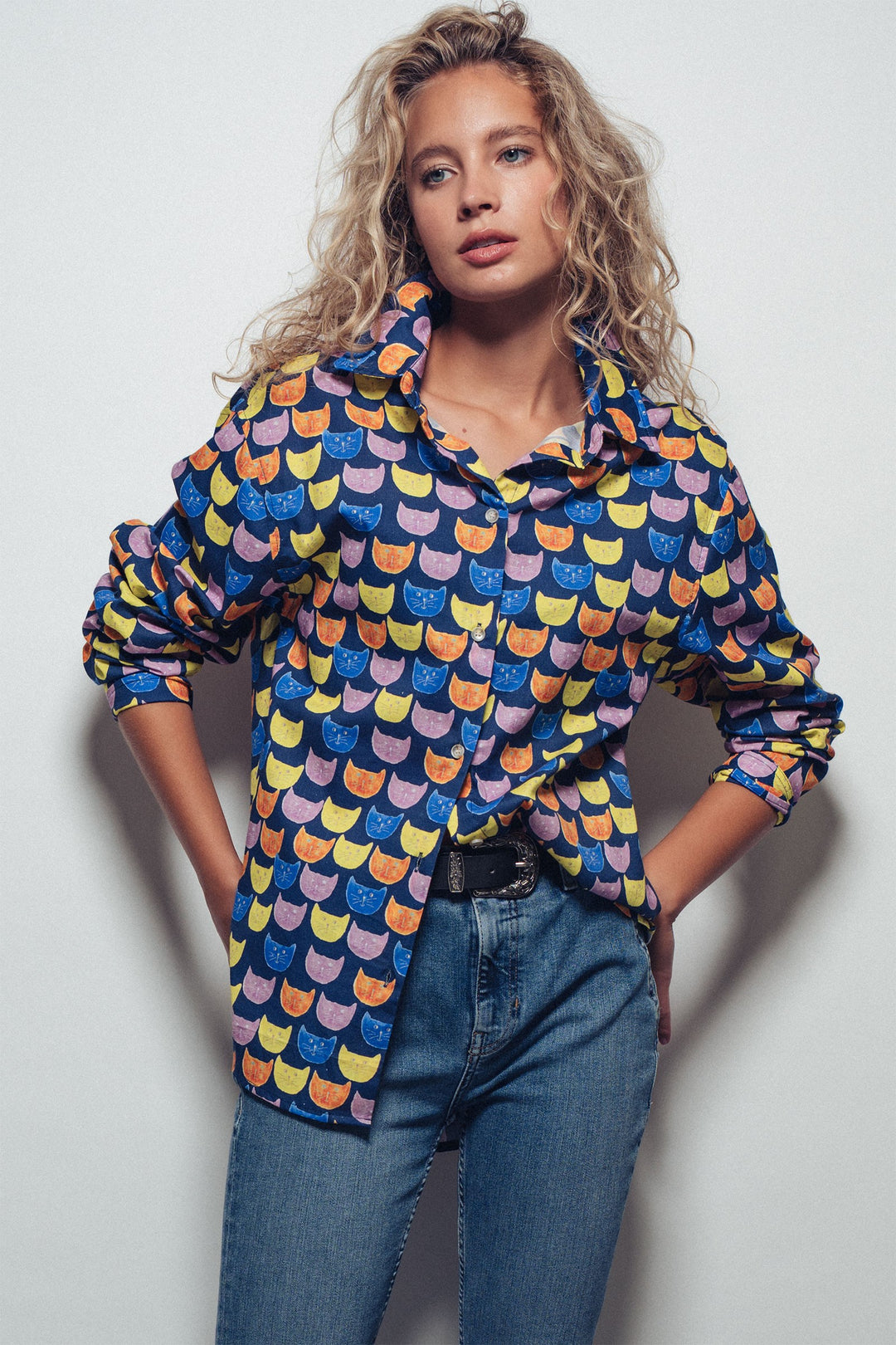 Playful Cat Faces Printed Button-Up Shirt