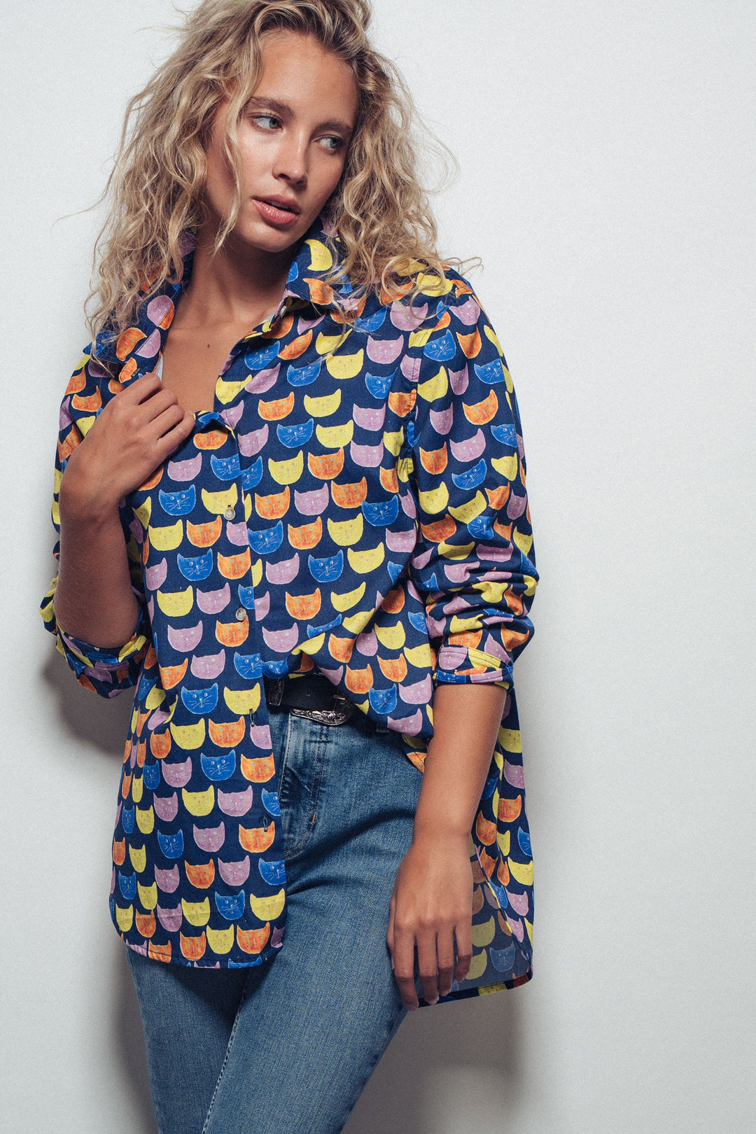 Playful Cat Faces Printed Button-Up Shirt