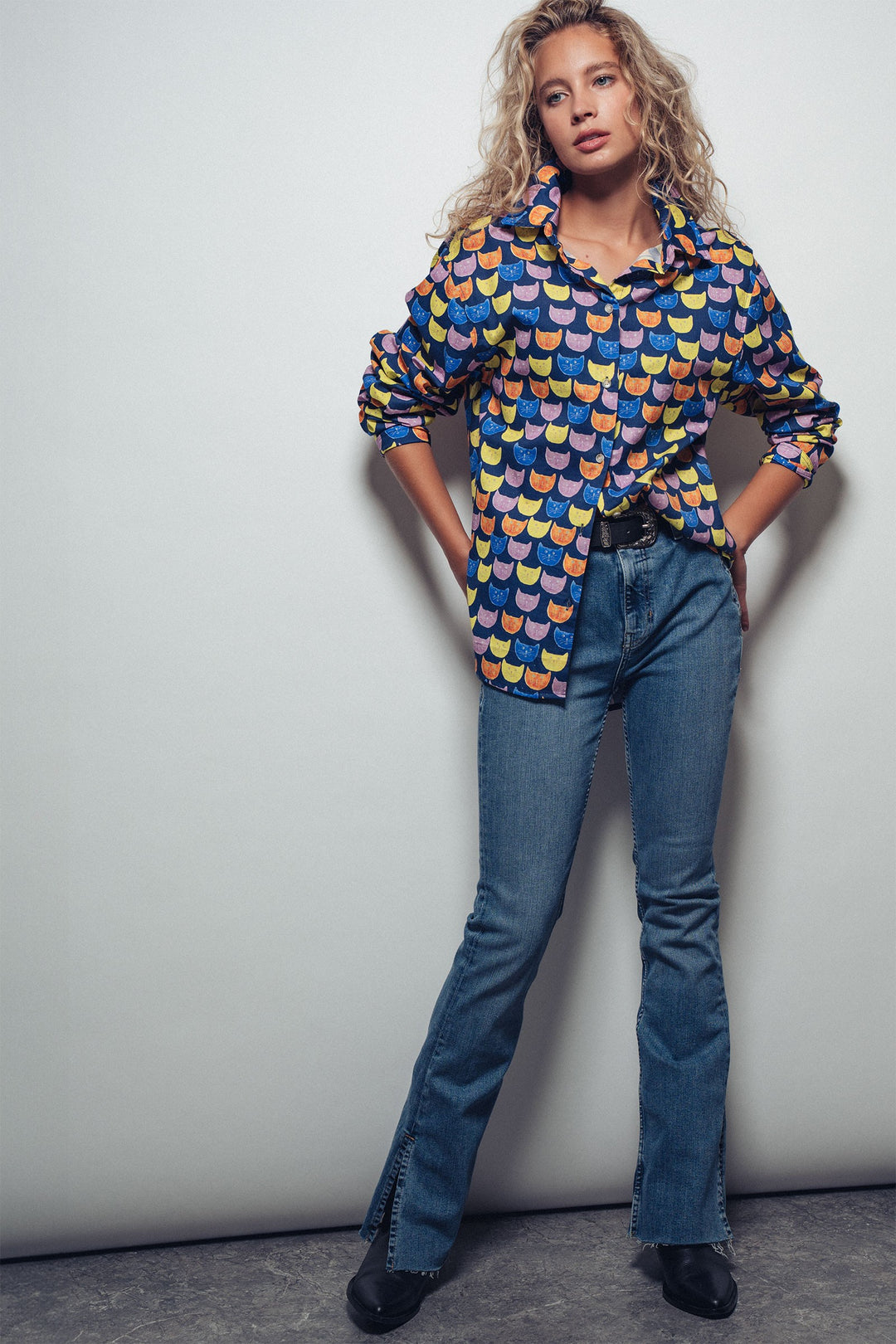 Playful Cat Faces Printed Button-Up Shirt