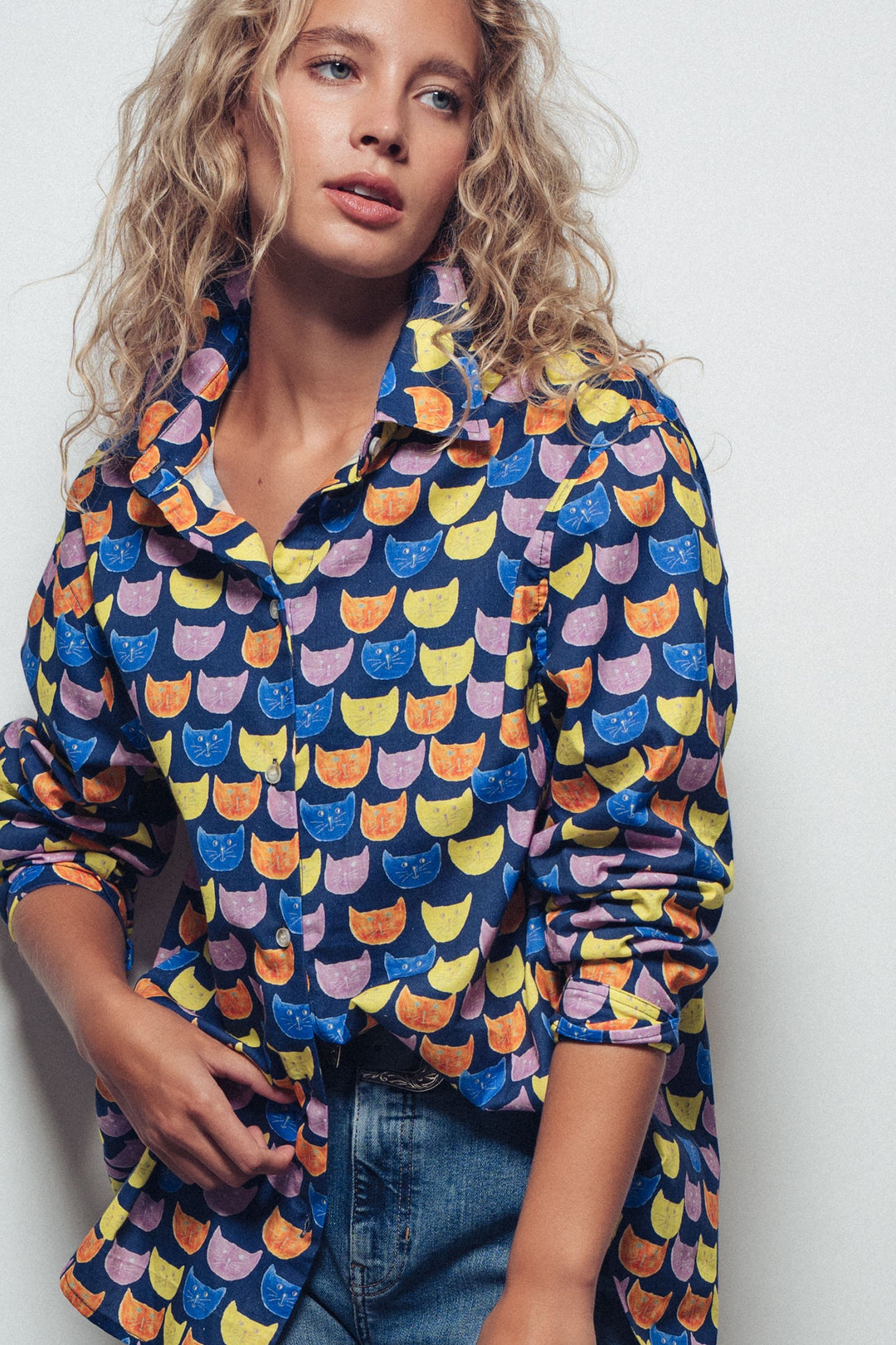 Playful Cat Faces Printed Button-Up Shirt