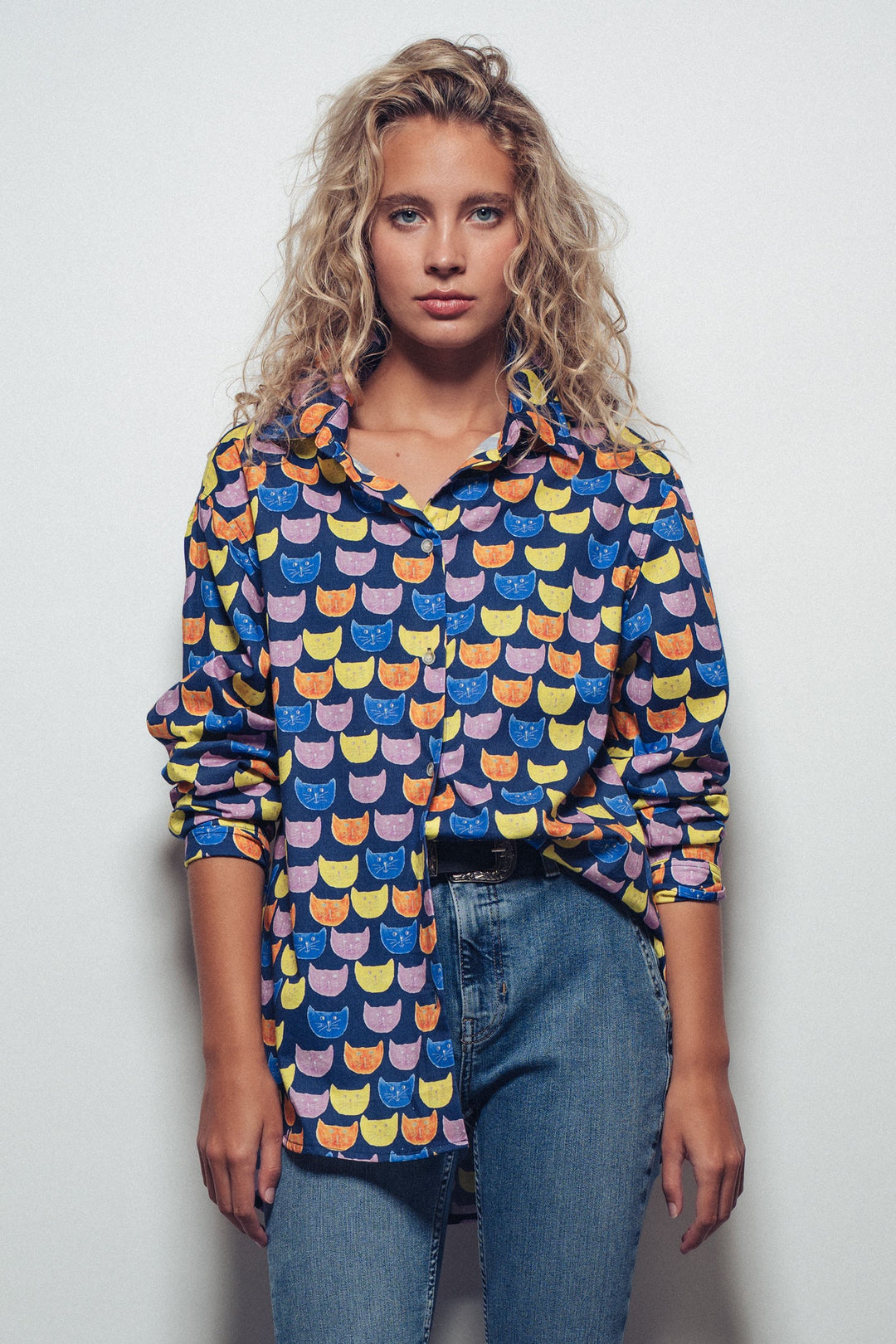 Playful Cat Faces Printed Button-Up Shirt